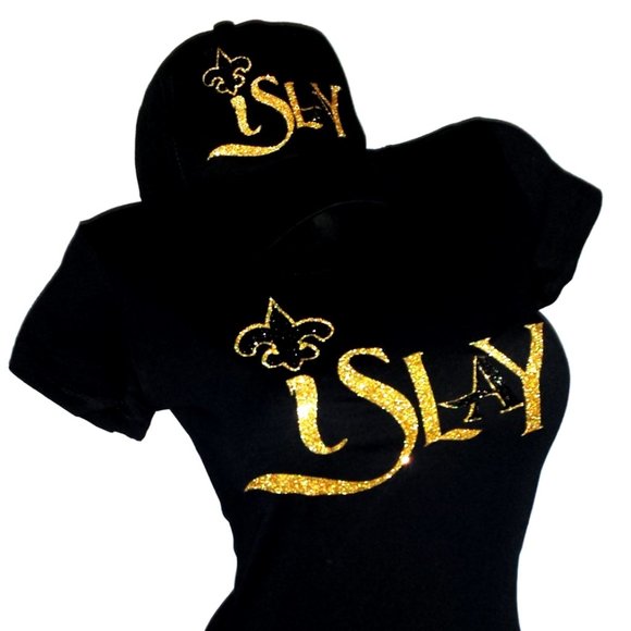 I Slay with Fluer De Lis on a Fitted Black Spandex Tee Shiny Lettering. New! - Picture 3 of 3